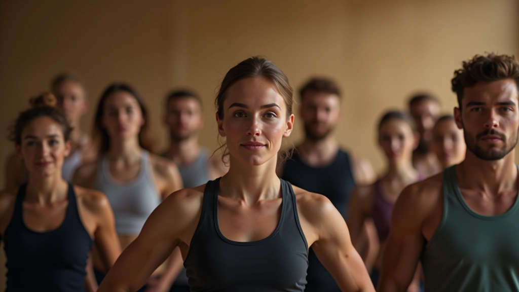 Gruppe af mennesker i yoga-klasse, forskellige aldre, fokuseret og rolig atmosfære