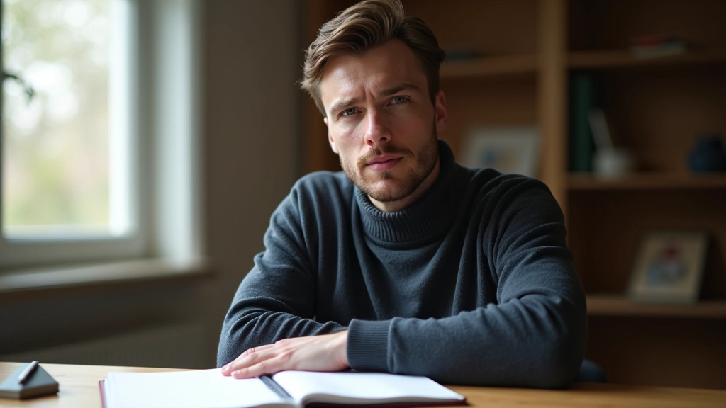 Ung mand siddende ved skrivebord, tænksom udtryk, notesblok og pen, naturligt lys fra vindue