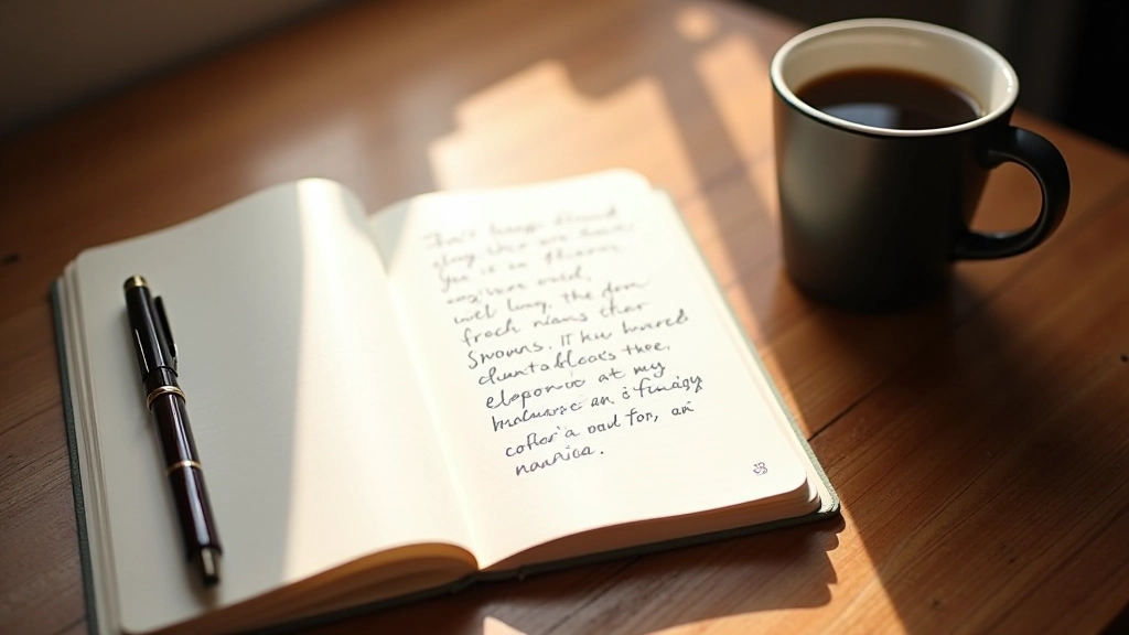 Notesbog og pen på træbord ved siden af en kop kaffe, formiddag lys