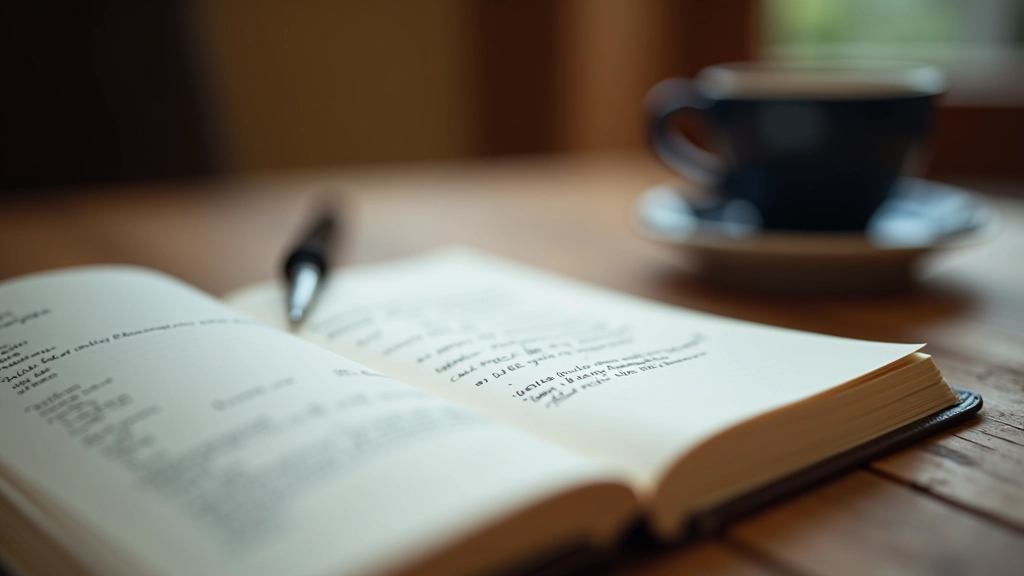 Dagbog eller journal med håndskrevne noter, kopper kaffe på siden, hjemmeligt arbejdshjørne