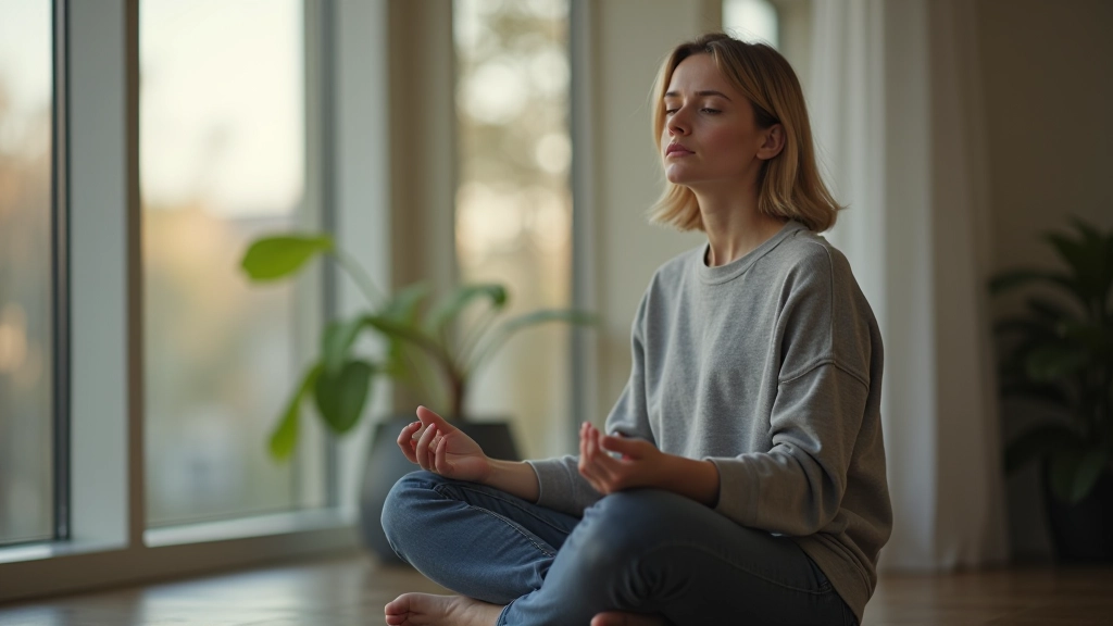 Person i meditativer positur ved et vindue med naturligt lys, rolig og fokuseret udtryk