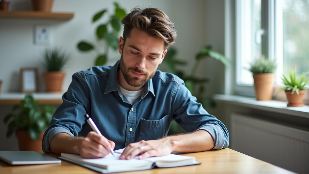 Person, der arbejder ved skrivebord med notesblok og pen, fokuseret arbejdsflow, naturligt lys