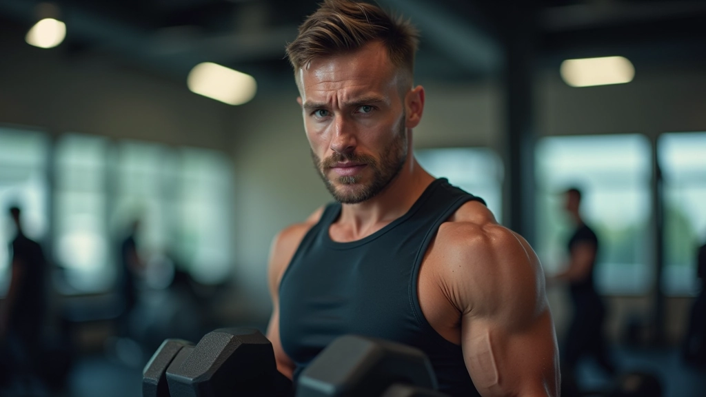 Person i fitnessmiljø med vægte, fokuseret træning, naturlig atletisk stemning
