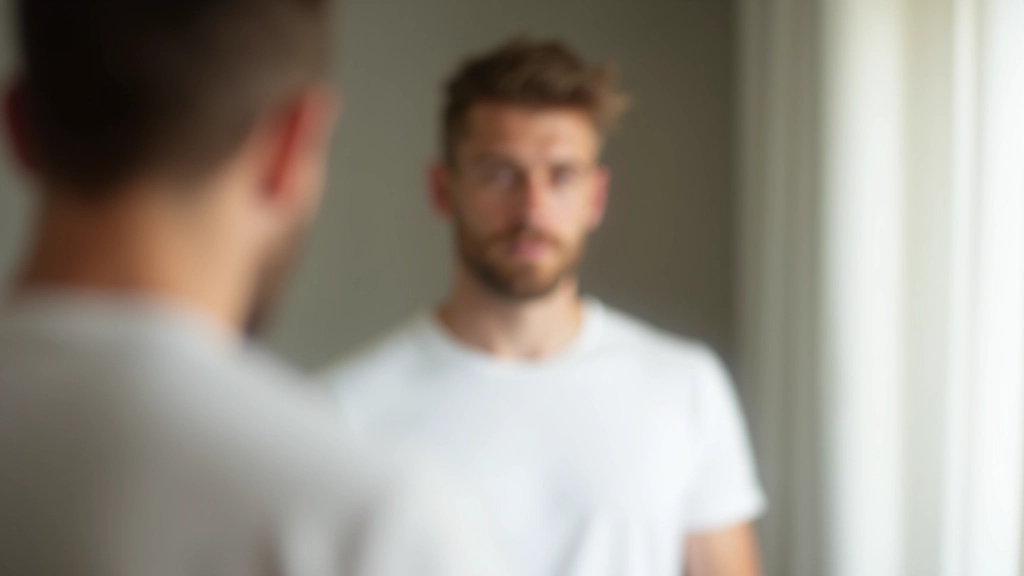 Person står foran spejl med fokuseret udtryk, iført hvid t-shirt, indendørs belysning